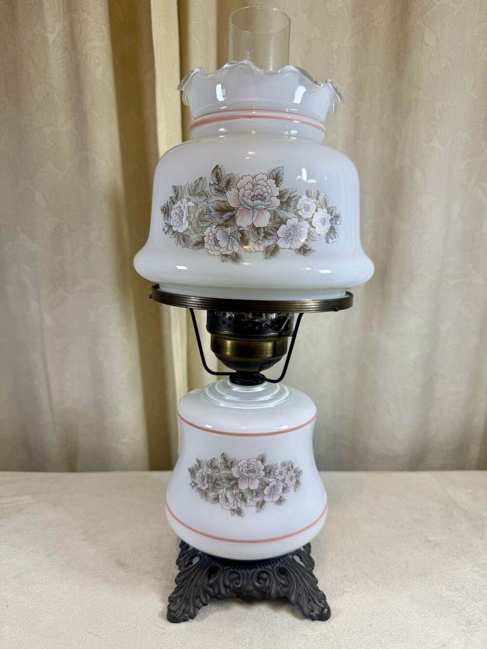 Vintage Hurricane Parlor Lamp Floral Milk Glass Dual Light